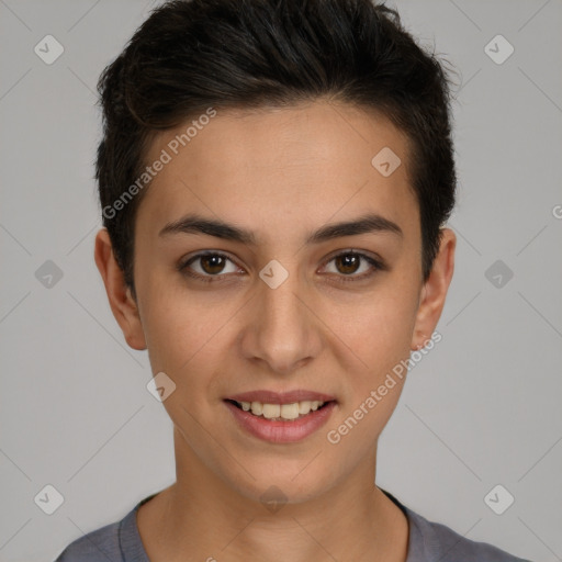 Joyful white young-adult female with short  brown hair and brown eyes