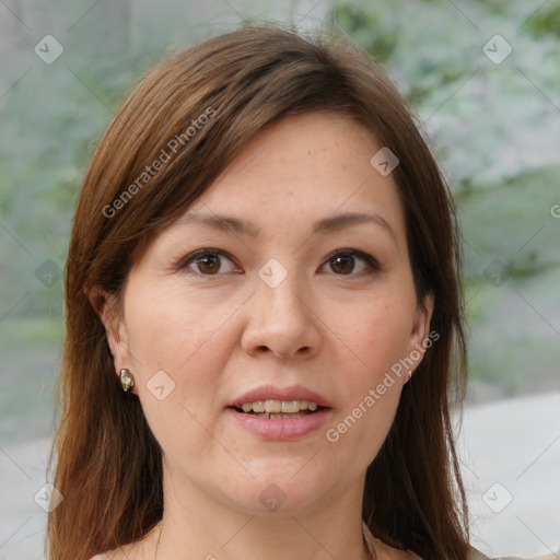 Joyful white adult female with medium  brown hair and grey eyes