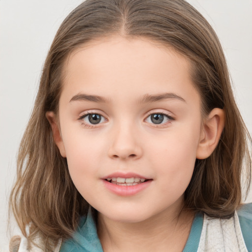 Joyful white child female with medium  brown hair and brown eyes