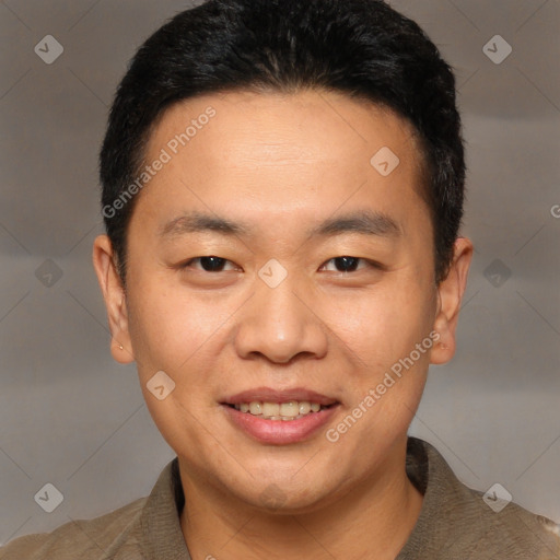 Joyful white young-adult male with short  black hair and brown eyes