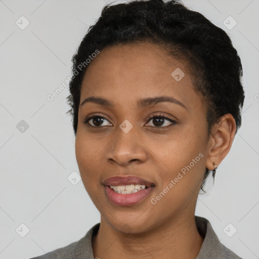 Joyful latino young-adult female with short  black hair and brown eyes