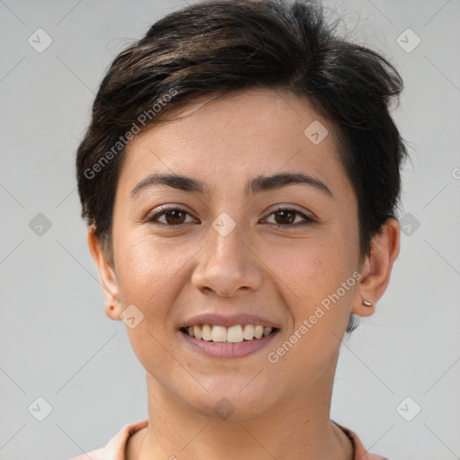 Joyful white young-adult female with short  brown hair and brown eyes