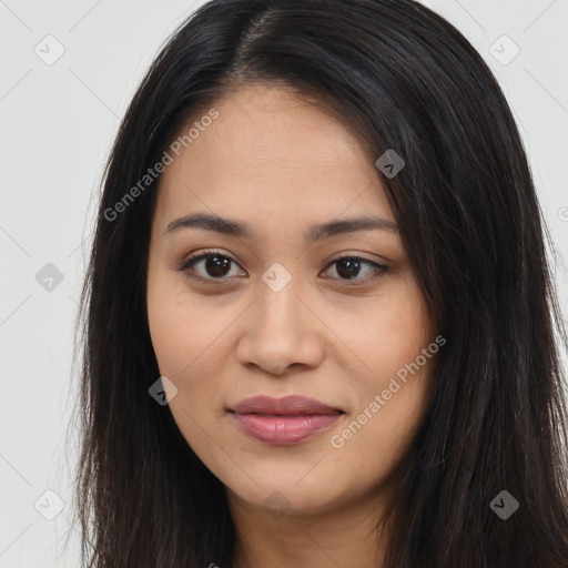 Joyful latino young-adult female with long  brown hair and brown eyes