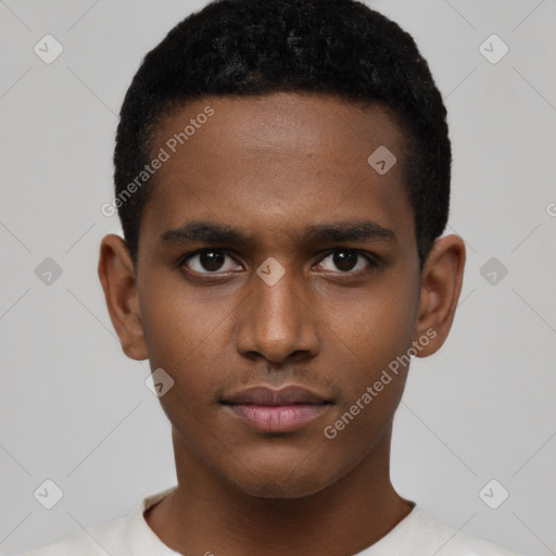 Neutral black young-adult male with short  black hair and brown eyes
