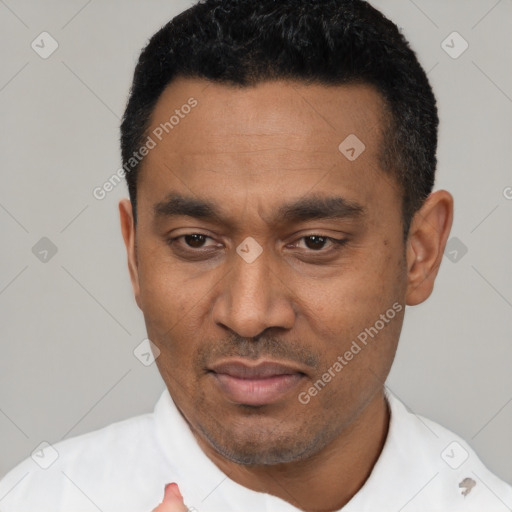 Neutral latino young-adult male with short  black hair and brown eyes
