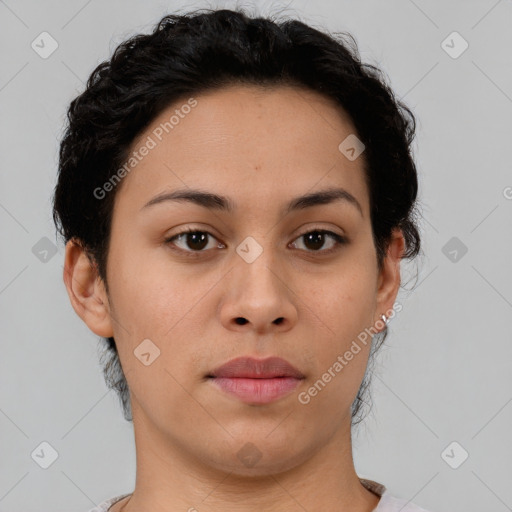 Neutral white young-adult female with short  brown hair and brown eyes