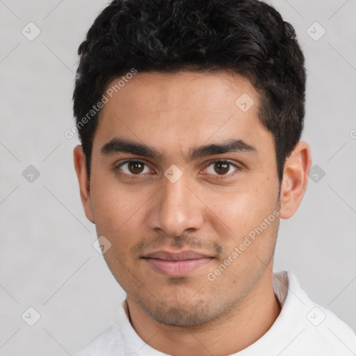 Neutral latino young-adult male with short  black hair and brown eyes