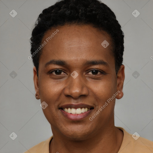 Joyful black young-adult male with short  black hair and brown eyes