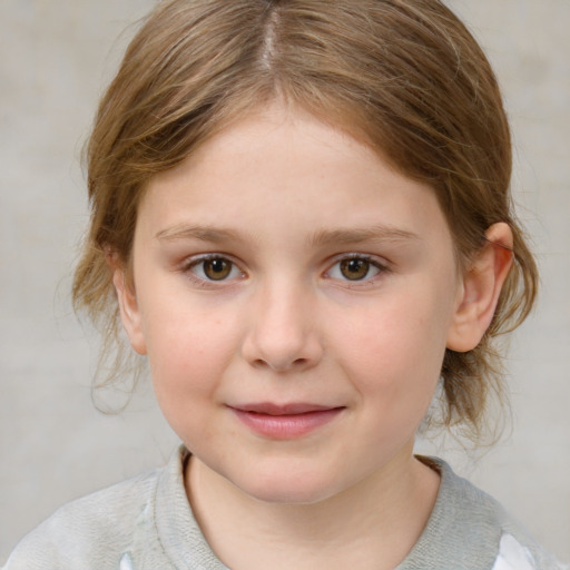 Joyful white child female with medium  brown hair and brown eyes