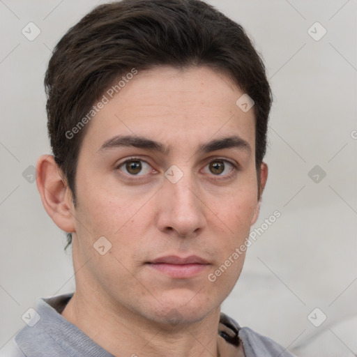 Neutral white young-adult male with short  brown hair and grey eyes