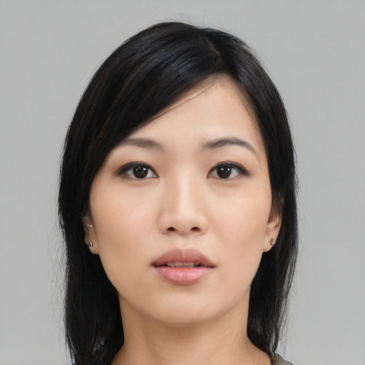 Neutral asian young-adult female with medium  black hair and brown eyes