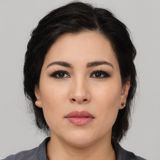 Neutral asian young-adult female with medium  black hair and brown eyes