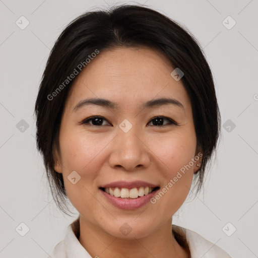 Joyful white young-adult female with medium  brown hair and brown eyes