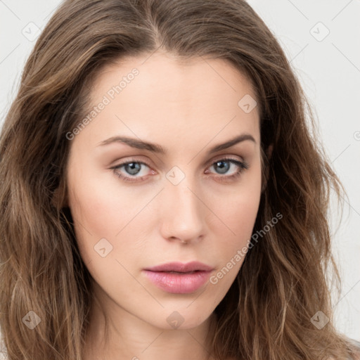 Neutral white young-adult female with long  brown hair and grey eyes