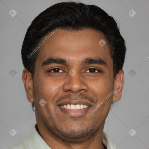 Joyful latino young-adult male with short  brown hair and brown eyes