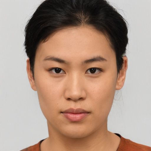 Neutral asian young-adult female with short  brown hair and brown eyes