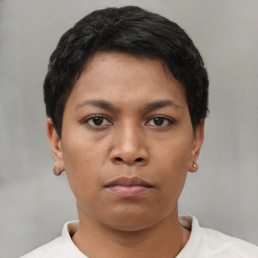 Neutral asian young-adult female with short  black hair and brown eyes