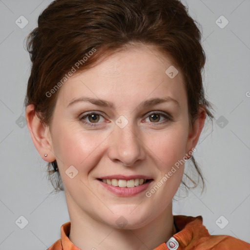 Joyful white young-adult female with medium  brown hair and blue eyes