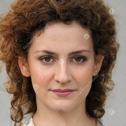 Joyful white young-adult female with medium  brown hair and green eyes