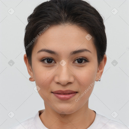 Joyful asian young-adult female with short  brown hair and brown eyes