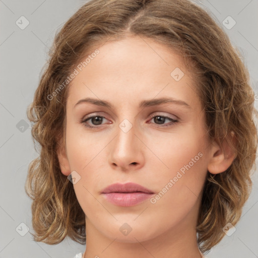 Neutral white young-adult female with medium  brown hair and brown eyes