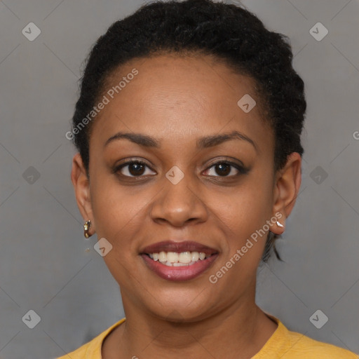 Joyful black young-adult female with short  brown hair and brown eyes