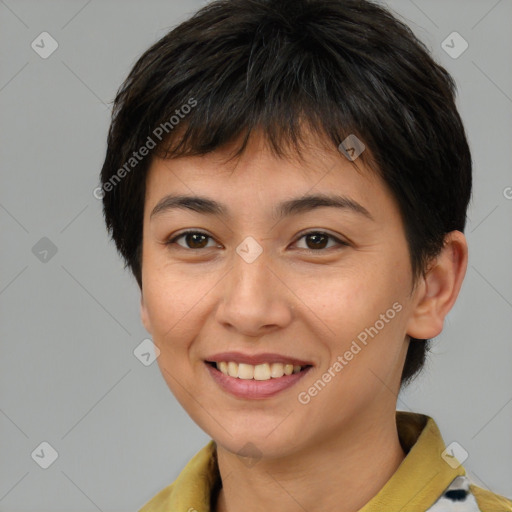 Joyful asian young-adult female with medium  brown hair and brown eyes