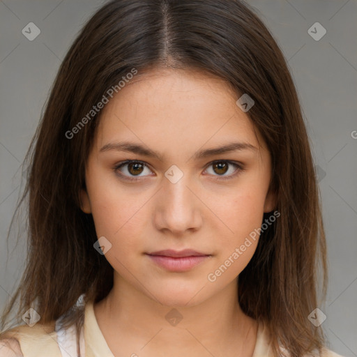 Neutral white young-adult female with medium  brown hair and brown eyes