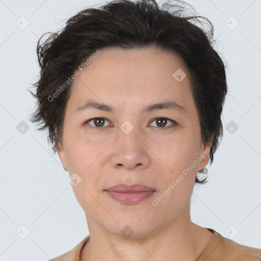 Joyful white adult female with short  brown hair and brown eyes