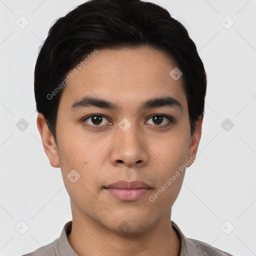 Neutral asian young-adult male with short  black hair and brown eyes