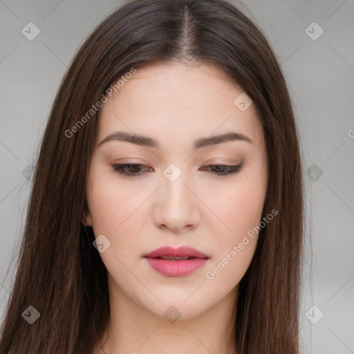 Neutral white young-adult female with long  brown hair and brown eyes