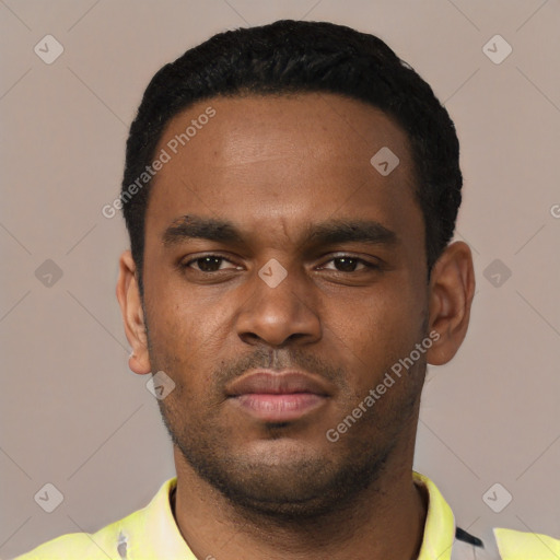 Neutral black young-adult male with short  black hair and brown eyes
