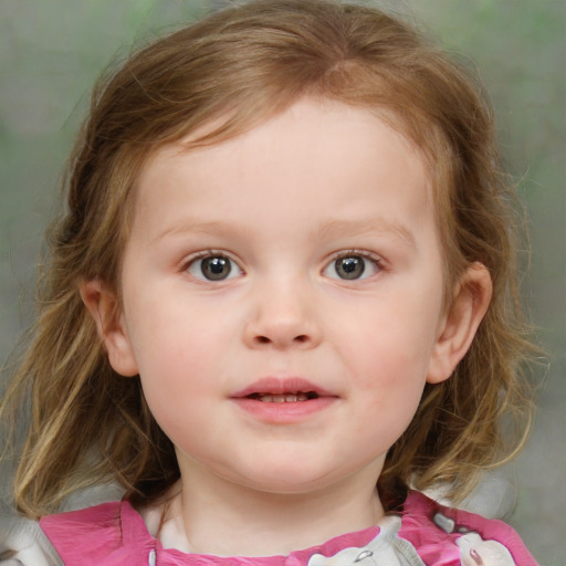 Joyful white child female with medium  brown hair and grey eyes