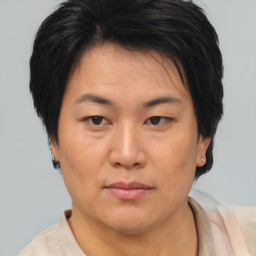 Neutral asian adult female with medium  brown hair and brown eyes