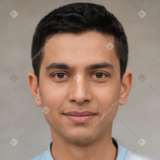 Joyful white young-adult male with short  black hair and brown eyes