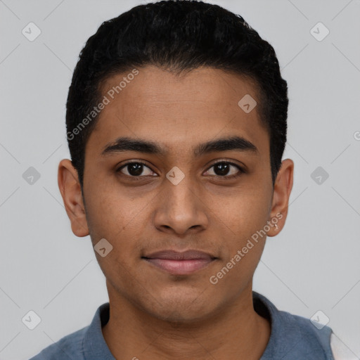 Neutral latino young-adult male with short  black hair and brown eyes