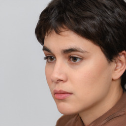 Neutral white young-adult female with short  brown hair and brown eyes