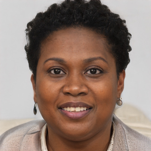 Joyful black young-adult female with short  brown hair and brown eyes