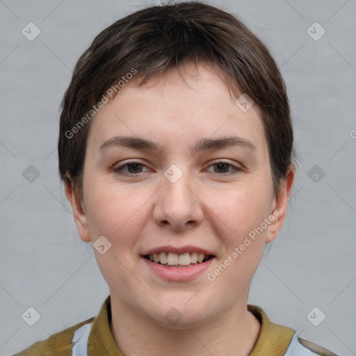 Joyful white young-adult female with short  brown hair and brown eyes