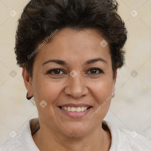 Joyful white adult female with short  brown hair and brown eyes