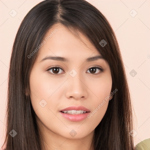 Neutral white young-adult female with long  brown hair and brown eyes