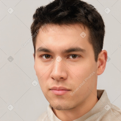 Neutral white young-adult male with short  brown hair and brown eyes