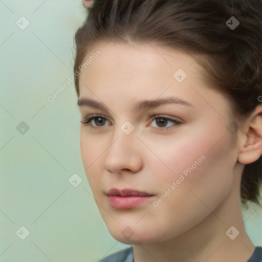 Neutral white young-adult female with short  brown hair and brown eyes