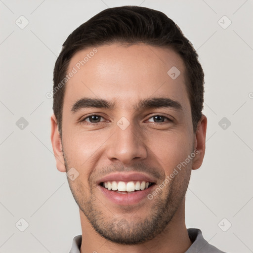 Joyful white young-adult male with short  brown hair and brown eyes