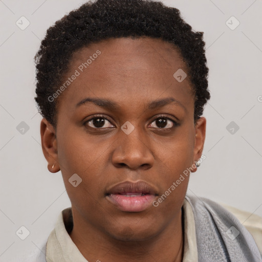 Neutral black young-adult female with short  brown hair and brown eyes