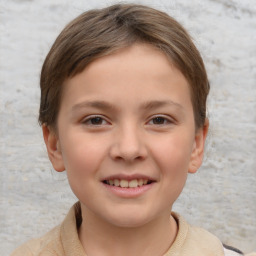 Joyful white child female with short  brown hair and brown eyes