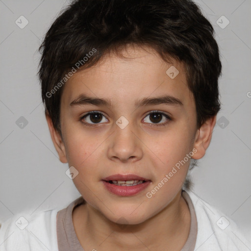 Joyful white child male with medium  brown hair and brown eyes