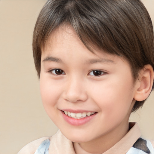 Joyful white child female with medium  brown hair and brown eyes