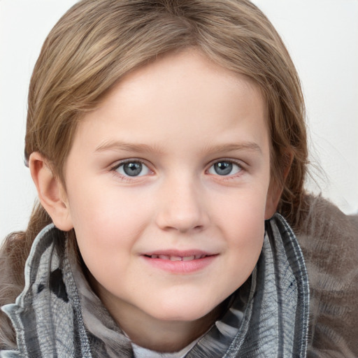 Joyful white child female with medium  brown hair and grey eyes