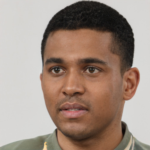 Neutral black young-adult male with short  black hair and brown eyes